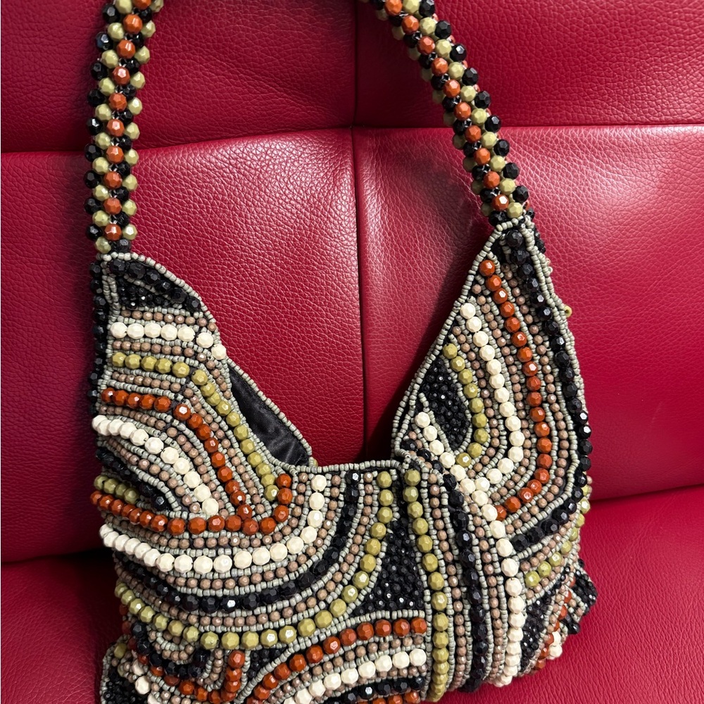 VTG Boho Handbeaded Earth Tone Hobo Bag Art Deco Swirl Statement Shoulder Purse